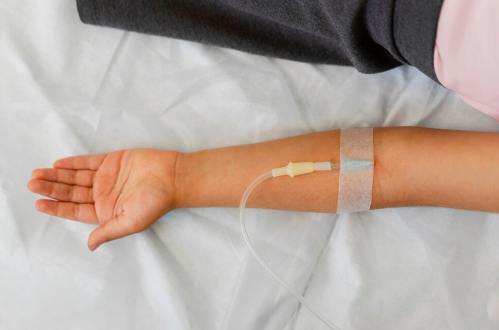 Close up picture of a mobile IV in the arm. 