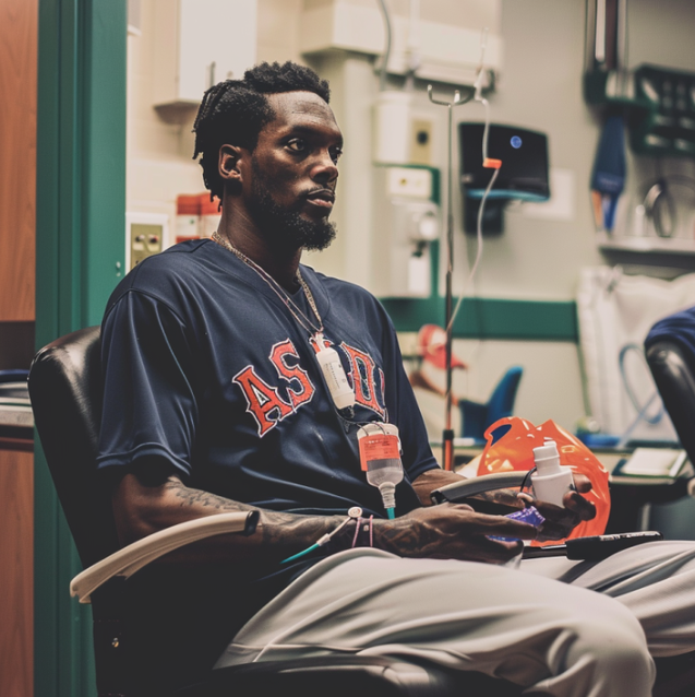 A baseball player recovers with IV therapy in the locker room during spring training preparation.